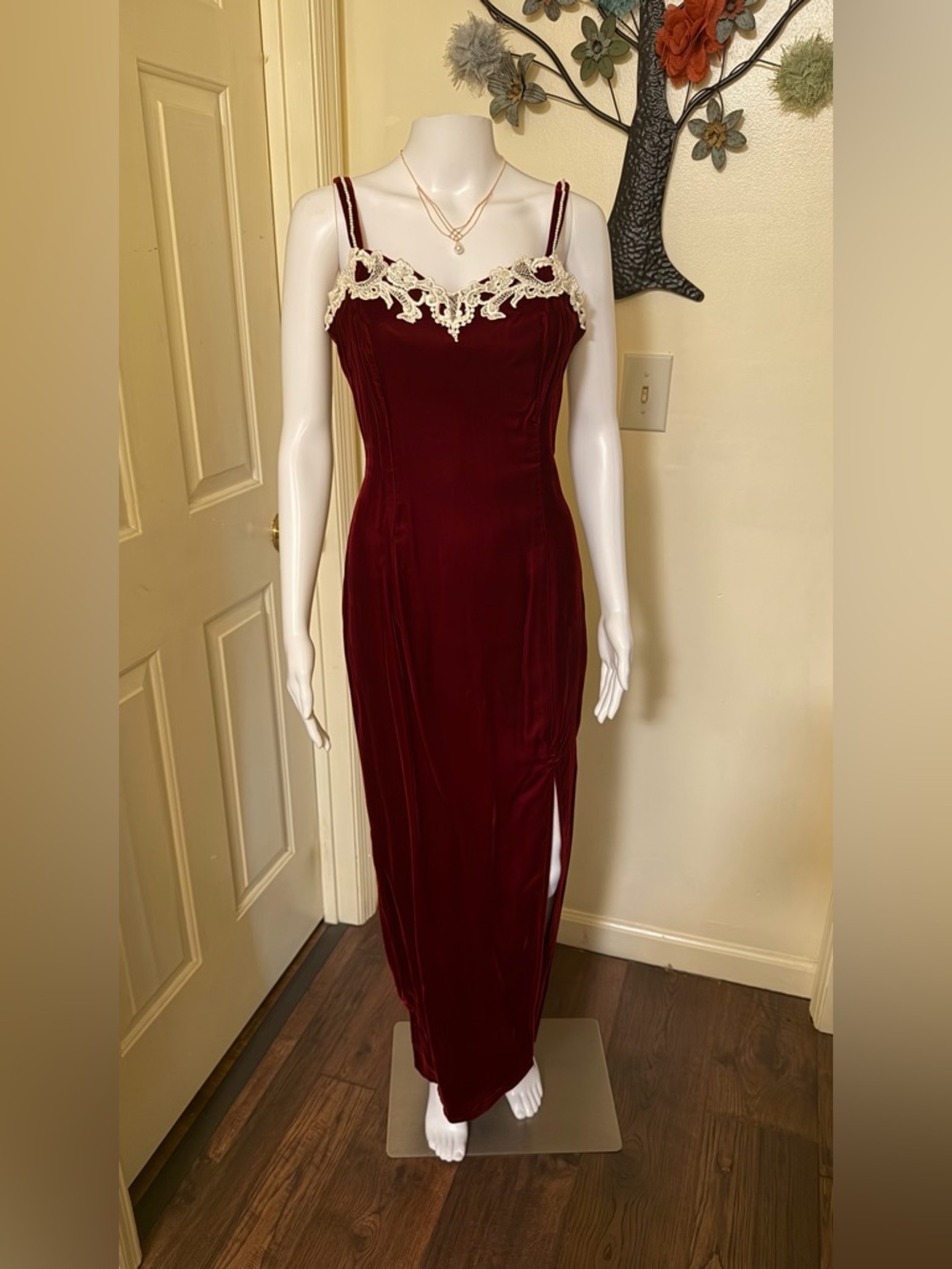 vintage Burgundy Velvet Dress with Ivory Lace Trim pearl accent bow in the back